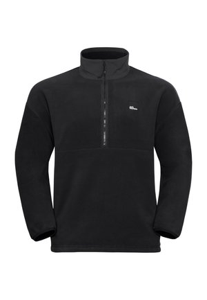 Pull en polaire noir avec un col montant, fermeture éclair demi-longueur à l'avant, et un petit logo sur la poitrine. Il possède des manches longues et une texture douce.
