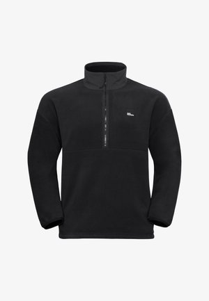 Schwarzer Fleece-Pullover mit einem hohen Kragen, halbem Reißverschluss vorne und einem kleinen Logo auf der Brust. Verfügt über lange Ärmel und eine weiche Textur.