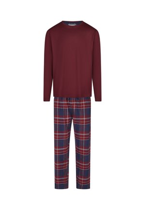 Twee-delige loungewear set met een bordeauxrode lange mouwen top en marineblauwe geblokte pyjamabroek met rode en witte accenten. Zachte textuur.