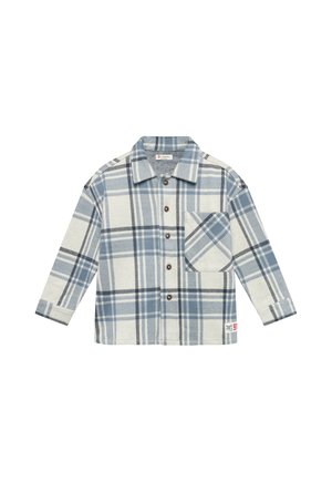 Button-up shirt with blue and white plaid pattern, long sleeves, collar, and one chest pocket on a white background.