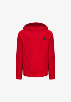 Felpa rossa in cotone, con tasca a marsupio frontale, cappuccio con cordino e polsini a coste. Etichetta nera del marchio sul lato sinistro in alto.