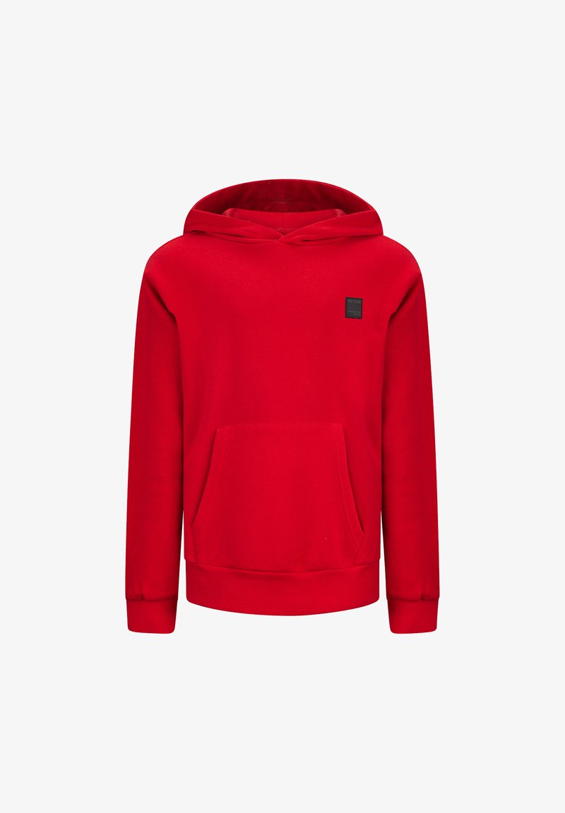 Roter Kapuzenpullover aus Baumwolle, mit einer vorderen Kängurutasche, verstellbarem Kapuzenzug und gerippten Bündchen. Schwarzes Markenschild auf der oberen linken Seite.