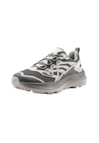 Grey and black athletic shoe with mesh and synthetic upper, thick sole, lace closure, and a pull tab. Notable patterns on the sides.