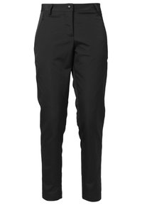 Svarta byxor med slim fit, tillverkade av ett mjukt tyg. Har bälteshällor, stängning med framknapp och två sidofickor.