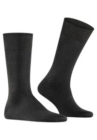Dark gray cotton socks with a smooth texture, classic crew length, and reinforced heels, featuring a subtle knit pattern at the cuffs.