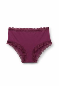 Mauve Baumwollunterwäsche mit dekorativem Spitzenbesatz entlang des Taillenbundes und der Beinöffnungen. Vollständig bedeckendes Design mit gewellten Spitzenkanten.