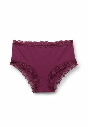 Mauve bavlněné spodní prádlo s dekorativní krajkovou výšivkou podél pasu a otvorů na nohy. Design s plným zakrytím a vlnitými krajkovými okraji.