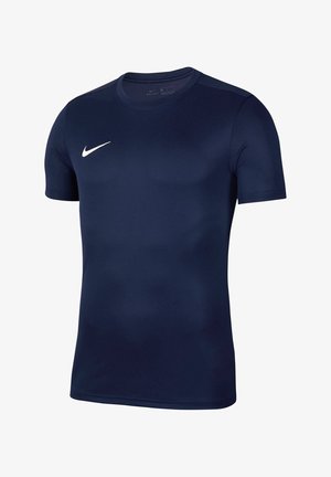 T-shirt de sport Nike bleu marine à manches courtes avec logo swoosh blanc sur le côté droit de la poitrine.