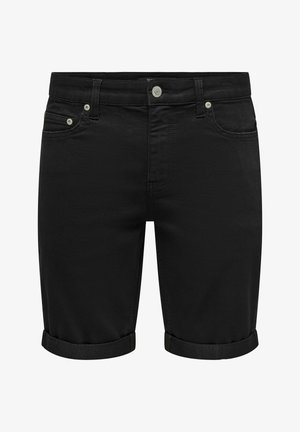 Schwarze Jeansshorts mit eng anliegendem Design, umgeschlagenen Säumen und Five-Pocket-Stil. Ausgestattet mit Metallbeschlägen und einer glatten Textur.