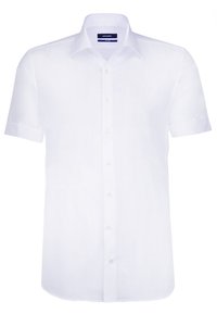 Camicia bianca a maniche corte in tessuto leggero, con chiusura a bottoni, colletto classico e texture liscia. Nessun motivo o accento visibile.