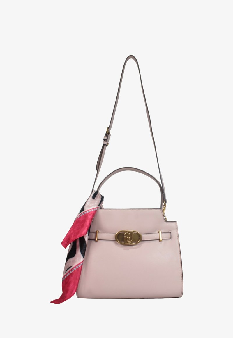 Borsa in pelle rosa con manico superiore e tracolla regolabile, caratterizzata da una chiusura in metallo dorato e un foulard decorativo attaccato.