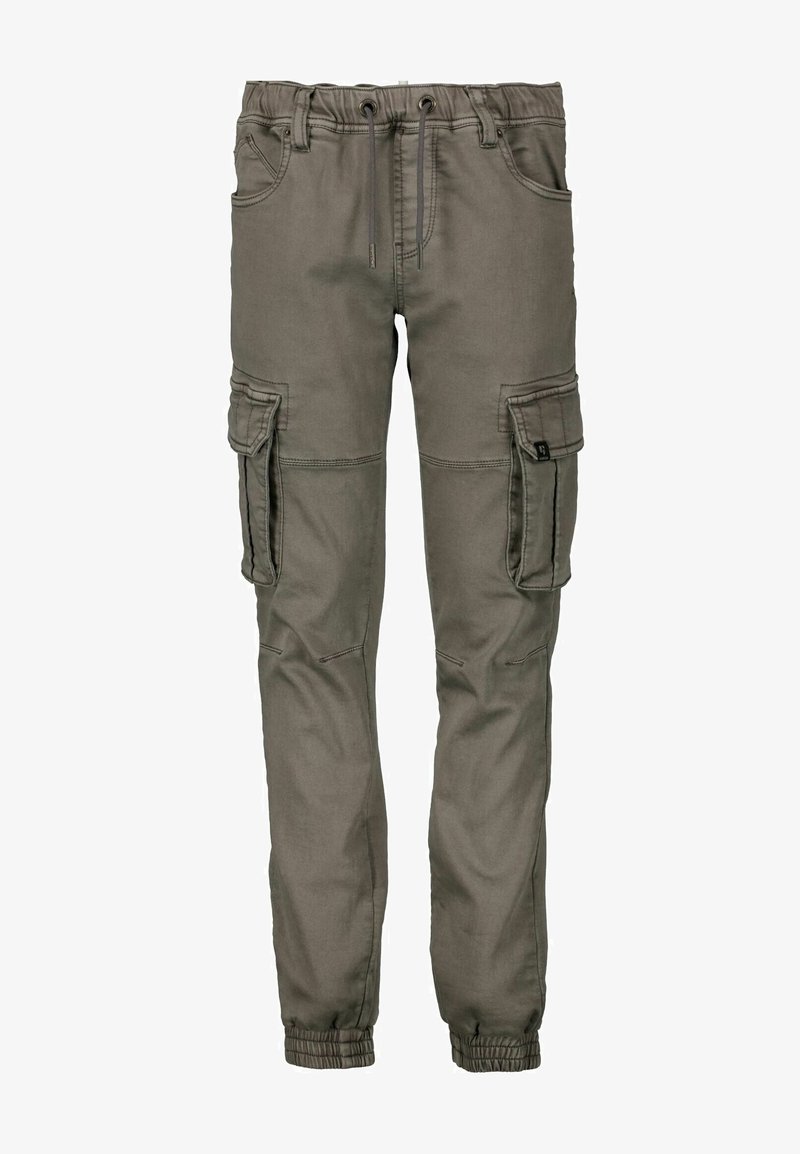Pantalon cargo vert olive avec taille élastique, cordon de serrage, multiples poches, jambes fuselées et poignets élastiques.