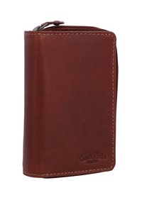 Brown leather wallet with a zip closure. Features clean lines, stitched accents, and embossed logo on the lower front. Compact rectangular shape.