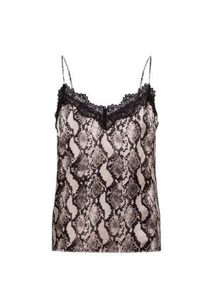 Cami-top met slangenprint in zwart en beige, met kantdetail bij de halslijn en verstelbare spaghettibandjes. Gladde textuur.
