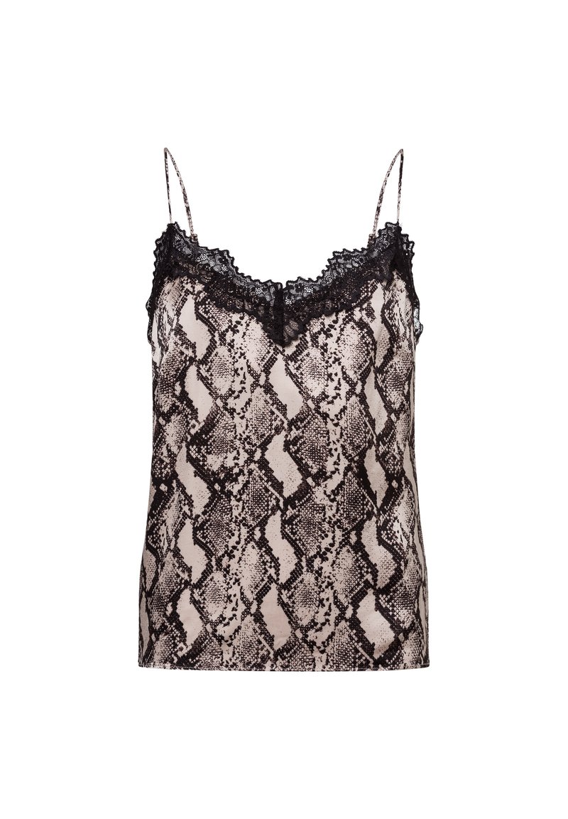 Cami top so vzorom hadíka v čiernej a béžovej farbe, so čipkovým lemom na výstrihu a nastaviteľnými ramienkami. Hladká textúra.