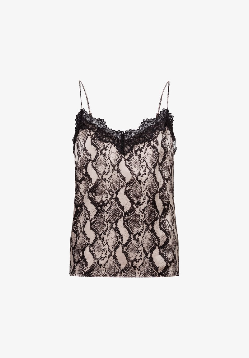 Cami top so vzorom hadíka v čiernej a béžovej farbe, so čipkovým lemom na výstrihu a nastaviteľnými ramienkami. Hladká textúra.