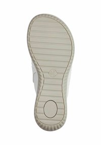 Semelle de chaussure blanche avec des rainures horizontales, accent rond au centre et un bord légèrement surélevé. Texture lisse sans motifs visibles.
