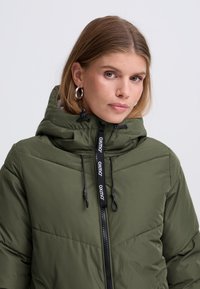 Grüne Steppjacke mit Reißverschluss vorne, verstellbarer Kapuze und schwarzen Akzenten. Gepolsterte Textur mit Kordelzug und markantem Reißverschlussgriff.