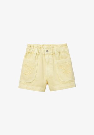 Shorts jaune clair pour tout-petit avec ceinture élastique, bouton pression à l'avant, passants pour ceinture et motifs floraux brodés sur les poches avant.