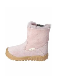 Stivaletti alla caviglia in suede rosa con un'accogliente fodera in pelliccia, suola in gomma e dettagli di cucitura laterale. Etichetta CareTEX visibile sul lato esterno.