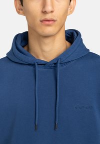 Blue hoodie made of soft fabric, featuring a drawstring hood, ribbed cuffs, and a subtle logo embroidered on the chest.