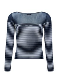 Haut à rayures bleu marine et blanches à manches longues avec un décolleté carré, fabriqué en tissu côtelé. Présente une silhouette ajustée et une texture légère.