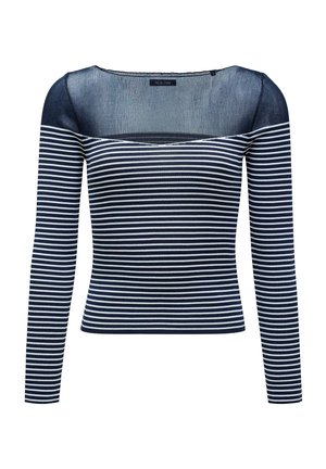 Top de manga larga a rayas en azul marino y blanco con escote cuadrado, hecho de tela acanalada. Presenta una silueta ajustada y una textura ligera.