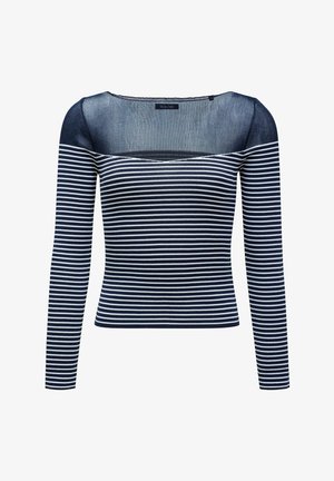 Top de manga larga a rayas en azul marino y blanco con escote cuadrado, hecho de tela acanalada. Presenta una silueta ajustada y una textura ligera.