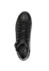 Zwarte leren high-top sneaker met zwarte veters, een rits aan de zijkant en een rubberen zool. Gevoerde binnenkant met merklogo.