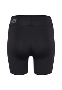 Zwarte sportieve shorts gemaakt van rekbaar materiaal met een elastische tailleband. Heeft een minimalistisch ontwerp en logo-details op de achterkant.