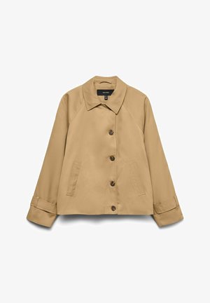 Veste décontractée beige avec fermeture à boutons, col pointu, manches longues avec brides aux poignets, et deux poches latérales verticales.
