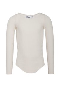 Pitkähihaiset ribbipusero vaaleassa valkoisessa, jossa on pyöreä pääntie ja kaareva helma. Label näkyvissä kauluksessa. Pehmeä kangas.