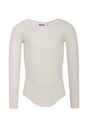 T-shirt à manches longues en ribbed, couleur blanc cassé, avec un col rond et un ourlet arrondi. Étiquette visible au niveau du cou. Texture douce.