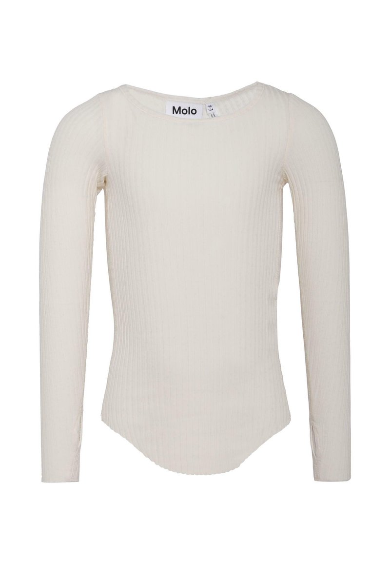 Pitkähihaiset ribbipusero vaaleassa valkoisessa, jossa on pyöreä pääntie ja kaareva helma. Label näkyvissä kauluksessa. Pehmeä kangas.