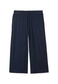 Pantalon large court bleu marine avec plis verticaux et taille élastique.