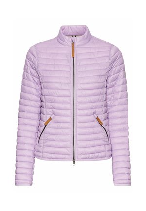Lys lilla quiltet jakke med høj krave, fuld frontlynlås og to lynlåslommer. Har kontrastfarvede beige detaljer.