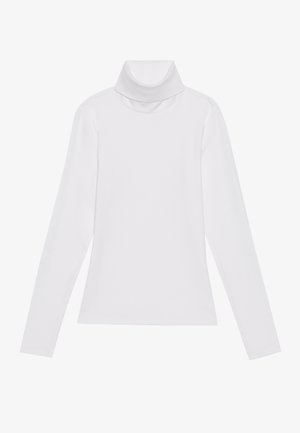 Weißes Langarm-Turtleneck-Oberteil aus glattem, elastischem Stoff. Mit hohem Kragen und tailliertem Schnitt, ohne sichtbare Muster oder Verzierungen.