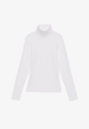 Haut à col roulé à manches longues blanc, fabriqué en tissu lisse et extensible. Il présente un col haut et une coupe ajustée, sans motifs ni embellissements visibles.