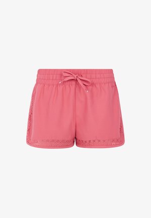 Shorts de tela rosa con cinturilla elástica, cierre con lazo y borde de encaje en el dobladillo inferior. Textura suave, diseño casual.