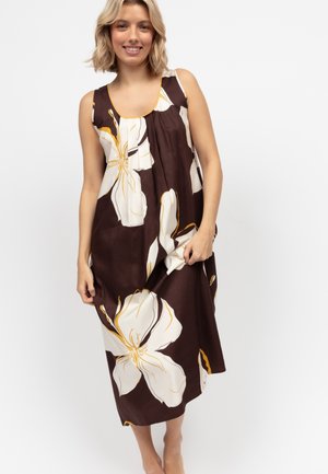 Beżowa sukienka bez rękawów z dużym białym wzorem kwiatowym i żółtymi akcentami; luźny krój; do kolan; miękka tekstura materiału.