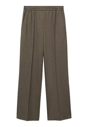 Pantalon à jambes larges en tissu vert olive foncé. Il dispose d'une taille élastique, de deux poches latérales et d'une finition texturée.