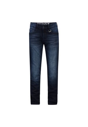 Jeans en denim bleu foncé avec une coupe droite, présentant un effet de décoloration à l'avant et une étiquette de marque à la taille. Design standard à cinq poches.