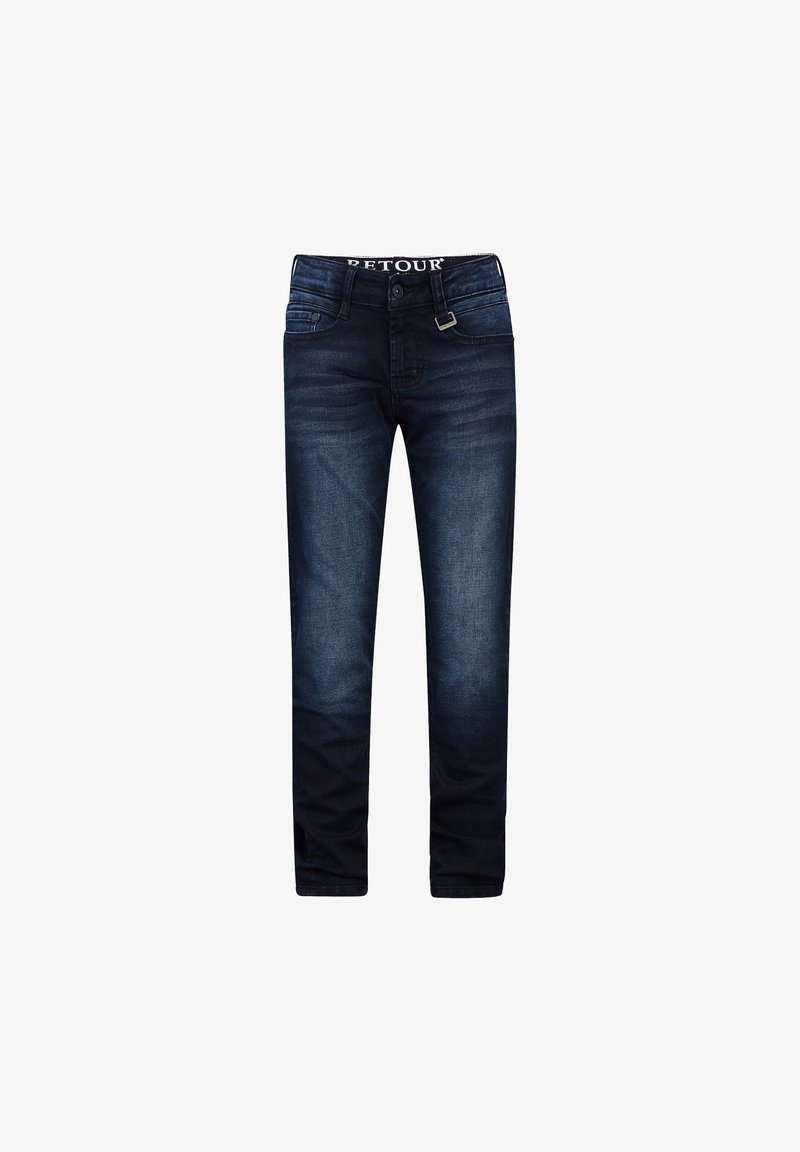 Jeans en denim bleu foncé avec une coupe droite, présentant un effet de décoloration à l'avant et une étiquette de marque à la taille. Design standard à cinq poches.