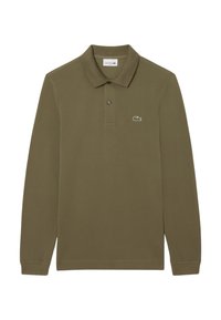 Dlhý rukáv olivovo zelený polo tričko z jemného materiálu, s klasickým golierom, trojkrúžkovým zapínaním a malým logom na hrudi.