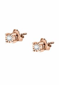 Ohrringe aus Roségold mit einer zentralen klaren Gemme, umgeben von einem geriffelten Design. Polierte Oberfläche mit sicherem Stiftverschluss.