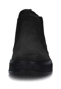 Stivaletti neri in suede con una finitura liscia, profilo basso e suole in gomma. Presentano pannelli laterali elasticizzati per facilitarne l'uso.