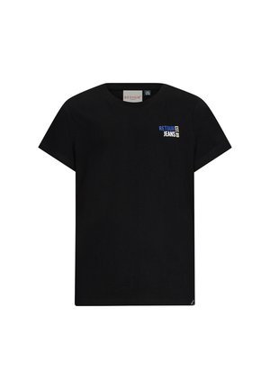 T-shirt nera in cotone con maniche corte, scollatura rotonda e piccolo logo blu e bianco "RETOUR JEANS EST 2009" sul petto.