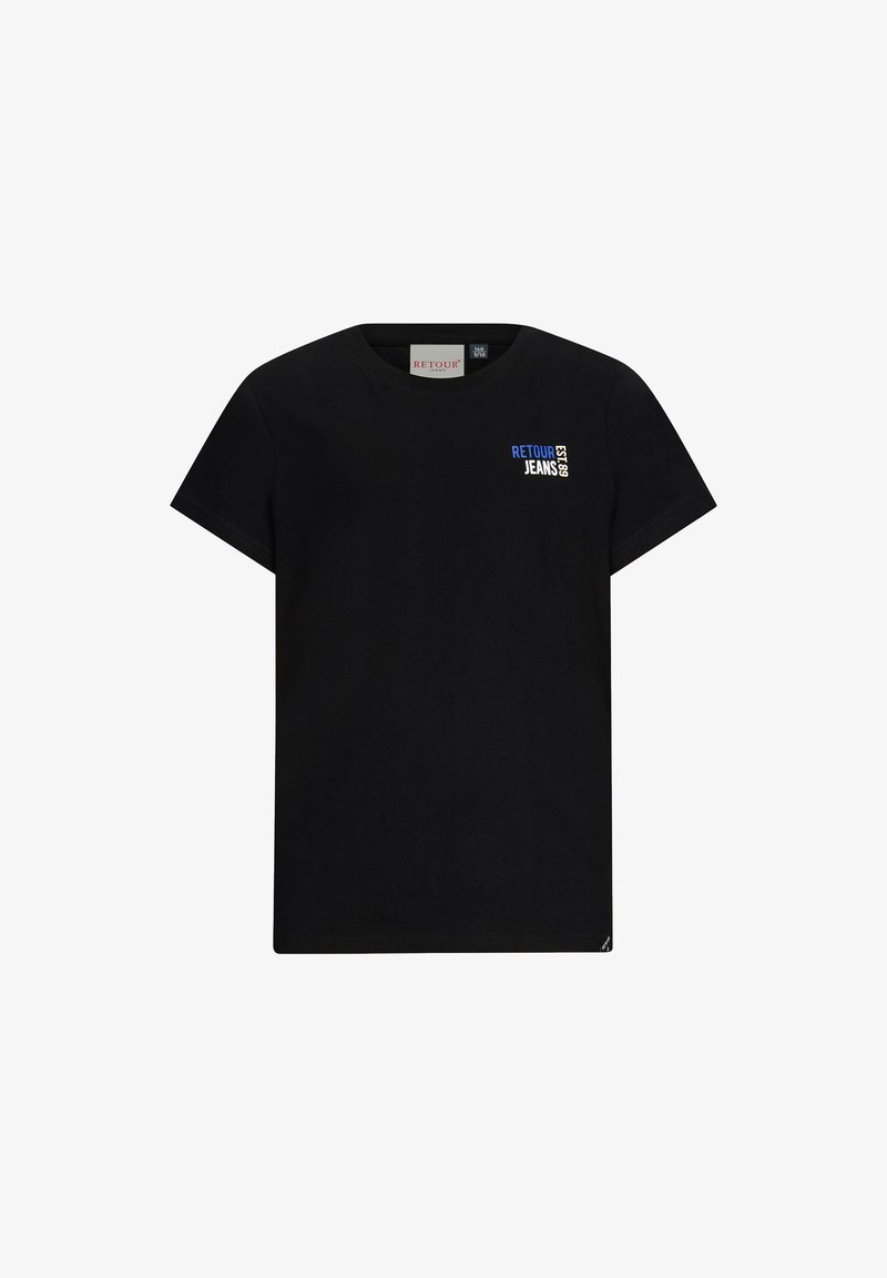 Czarna bawełniana koszulka z krótkim rękawem, okrągłym dekoltem i małym niebiesko-białym logo "RETOUR JEANS EST 2009" na piersi.