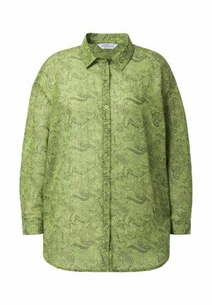 Camisa verde abotonada con un estampado de paisley, textura suave, mangas largas y cuello clásico. Con un corte diseñado para un ajuste holgado.