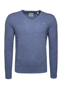 Blauer Wollpullover mit langen Ärmeln und V-Ausschnitt, mit kleinem gesticktem Logo auf der linken Brust sowie gerippten Bündchen und Saum.